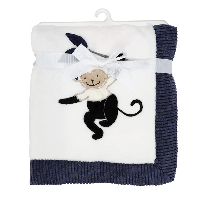 Lambs & Ivy Jungle Party White/Navy Monkey Soft Fleece Baby Blanket - Image 4