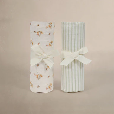 Oilo Fable Blanket- Swaddle 2 Pack - Dainty Floral/Stripe Sea Moss Organic Muslin - Image 2